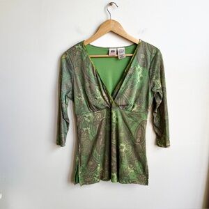 Faded Glory Green Paisley Long Sleeve V-Neck Top Sequins Y2K Boho Fall Cottage